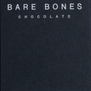 Front packaging of Bare Bones 68% Dominican Republic Salted Dark Chocolate with simple text on dark grey background